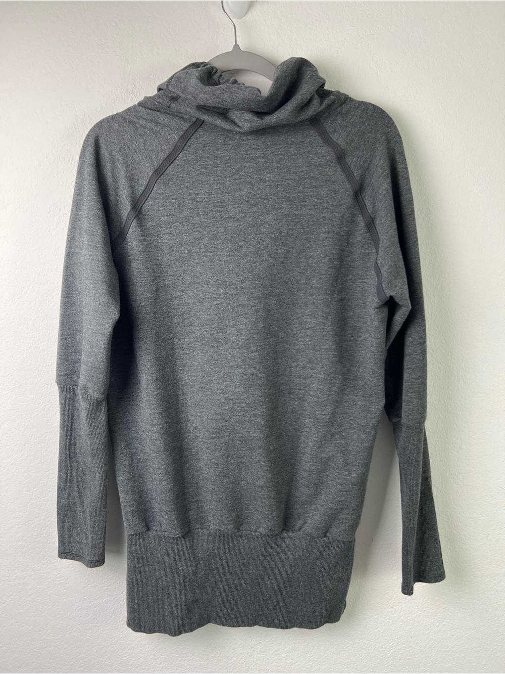 Lucy Charcoal Gray Funnel Cowl Neck Kangaroo Pocket Slim Sleeve Sweatshirt